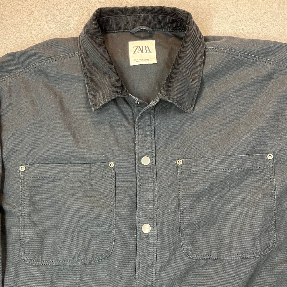 Zara Men Black Canvas Shirt Jacket Corduroy Collar Snap Front XL